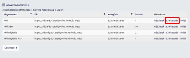 7.1.3 Alkalmazáslink szerkesztése 1. A kiválasztott alkalmazáslinkre módosításához a Szerkesztés műveletre kell kattintani. 2. A szerkesztéskor két különböző felület jelenhet meg.