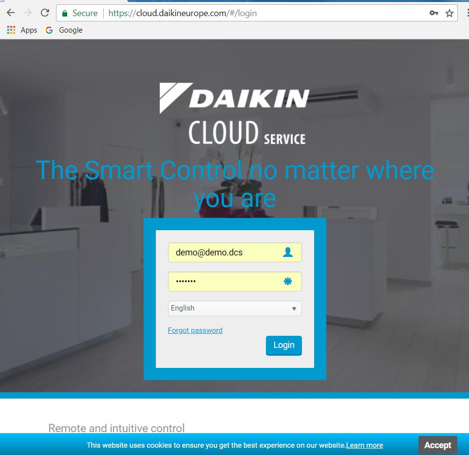 3 Rendszer leírás 3.2 A sütik hsználtáról A sütiket hsznál. Ezek leírását https:// cloud.dikineurope.com/ oldlon tlálj, z oldl lján lévő COOKIES hivtkozásr kttintv. 3.3 Bejelentkezés Dikin Cloud Service-be 1 Böngészőjében lépjen https://cloud.