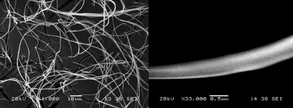 Mindegyik esetben közel azonos hosszú, vékony szálas szerkezet figyelhető meg µm alatti szálvastagsággal.