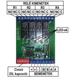 1.3.5.3. SENS-EX C/MA-REL: Címezhető, vezérlő modul 4 programozható relével. - 24 V DC, IP 00 - A központtól kapott utasításoknak megfelelően a relé kimenetek kapcsolása.