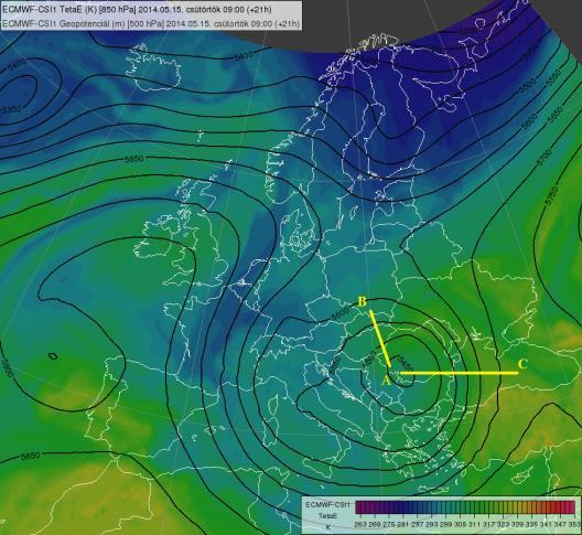 10. ábra: 850 hpa-os pszeudo-ekvivalens potenciális