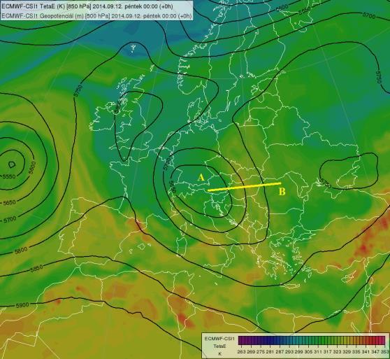 14. ábra: 850 hpa-os pszeudo-ekvivalens potenciális hőmérséklet (K) és 500 hpa-os geopotenciál (m) 2014.
