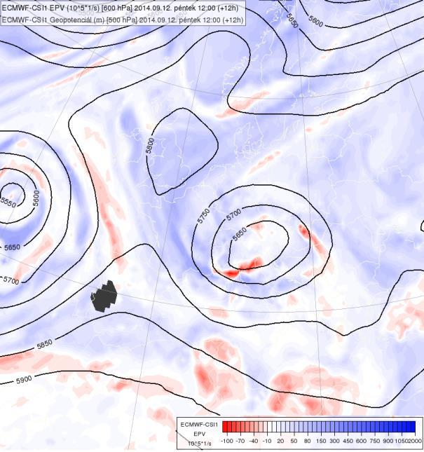 (jobb oldal) (Forrás: [1]). 15. ábra: 500 hpa-os geopotenciál (m, fekete vonal) és 600 hpa-os EPV (K/s 3, kék és piros) 2014.
