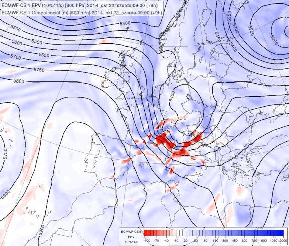 ábra: 850 hpa-os pszeudo-ekvivalens potenciális hőmérséklet (K) és 500 hpa-os geopotenciál (m) 2014.