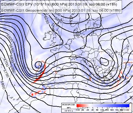 ábra: 850 hpa-os pszeudo-ekvivalens potenciális hőmérséklet (K) és 500 hpa-os geopotenciál (m) 2013.