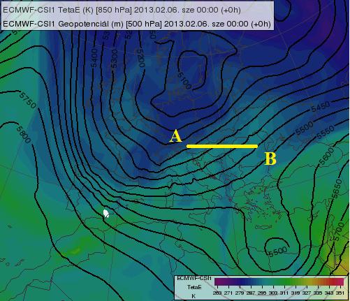 22. ábra: 850 hpa-os pszeudo-ekvivalens potenciális hőmérséklet (K) és 500 hpa-os