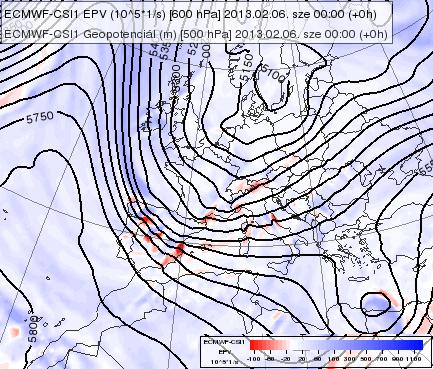 február 6-án 0 UTC-kor, valamint a vertikális keresztmetszet helye és
