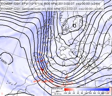ábra: 500 hpa-os geopotenciál (m, fekete vonal) és 600 hpa-os EPV (K/s 3, kék és