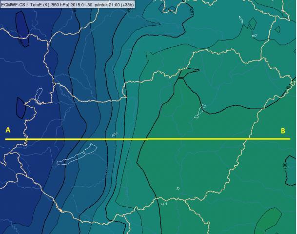 35. ábra: 850 hpa-os pszeudo-ekvivalens potenciális hőmérséklet (K) 2015. január 30-án 21 UTC-kor (bal); Budapesti rádiószondás felszállás eredménye január 30-án 12 UTC-kor (jobb) (Forrás: [1]). 36.