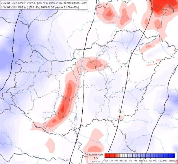 37. ábra: 700 hpa-os EPV (K/s 3, kék és piros) és 500 hpa-os geopotenciál (m, bal), valamint a pszeudoekvivalens