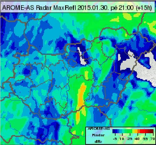 39. ábra: az AROME modell radar reflektivitás előrejelzése (bal) és mért