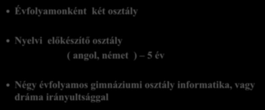 Gimnáziumi tagozat Évfolyamonként két osztály Nyelvi előkészítő osztály ( angol,