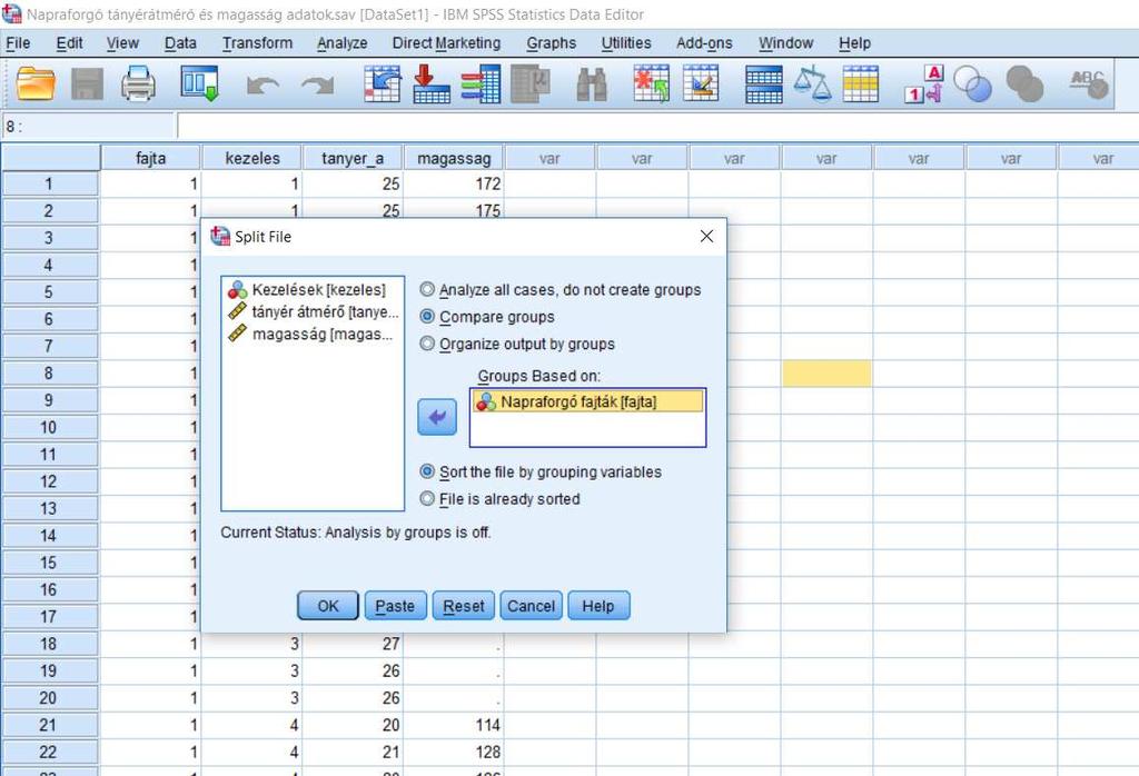 3.4.2. ábra. Split fájl Ha az adatbázisunkra ezt a menüpontot aktiváljuk, akkor a Data Editor" ablak jobb alsó sarkán megjelenik egy felirat: pl.: Split by fajta".
