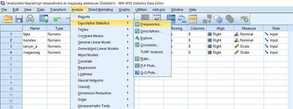 5 Leíró statisztika az SPSS-ben Az SPSS programban három elérési útvonalon keresztül van lehetőségünk a leíró statisztika elkészítésére (5.1.