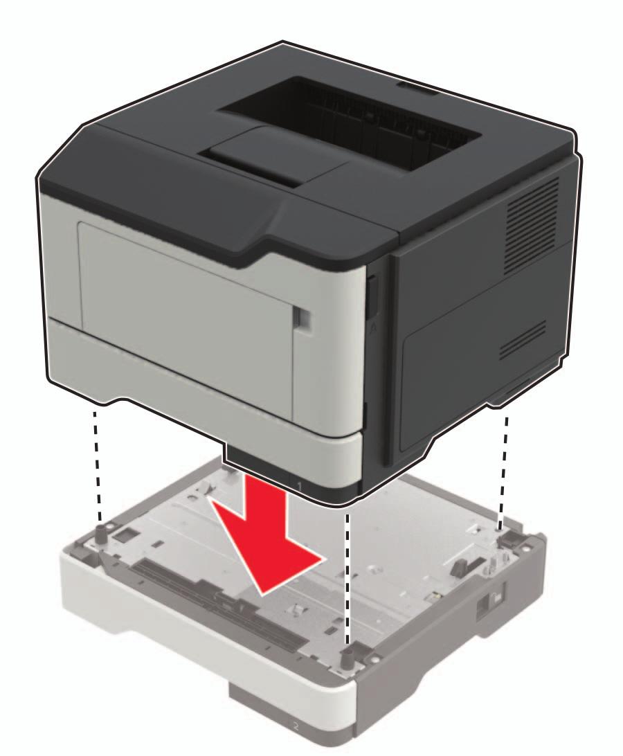 Fejlesztés és áthelyezés 123 4 Igazítsa egymáshoz a nyomtatót és a kiegészítő tálcát, majd eressze le a nyomtatót, amíg a helyére nem pattan.