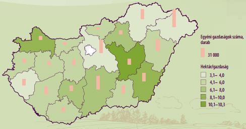 7. ábra: Bács-Kiskun megye egyéni gazdaságainak fő jellemzői, összevetve az országos értékekkel, 2013 Forrás: Mezőgazdaság számokban, KSH, 2016 (megj.