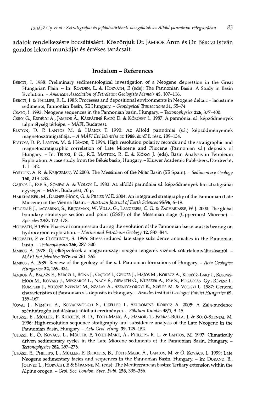 JUHÁSZ Gy. et al: Sztratigráfiai és fejlődéstörténeti vizsgálatok az Alföld pannóniai rétegsorában 83 adatok rendelkezésre bocsátásáért. Köszönjük Dr. JÁMBOR Áron és Dr.