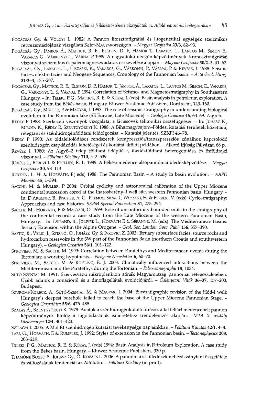 JUHÁSZ Gy. et al: Sztratigráfiai és fejlődéstörténeti vizsgálatok az Alföld pannóniai rétegsorában 85 POGÁCSÁS Gy. & VÖLGYI L.