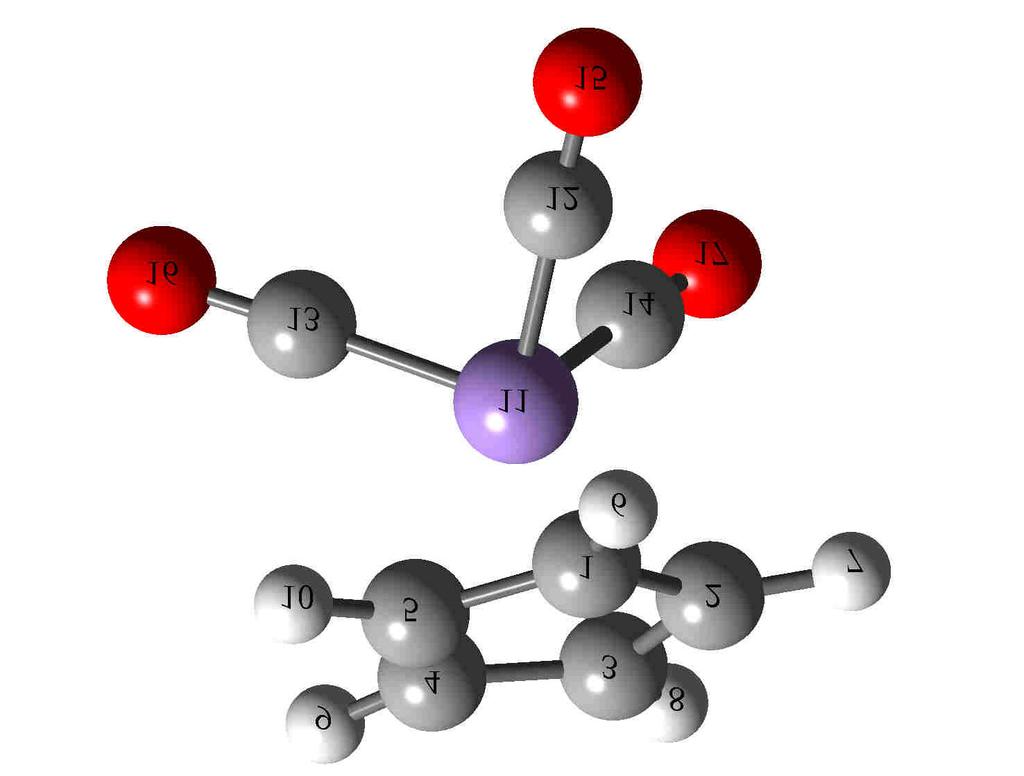 CpMn(CO)3 CpMn(CO)3 + C1 Mn11 = 217.5 pm; C3 Mn11 = 217.6 pm; C5 Mn11 = 217.8 pm; C12 Mn11=180.