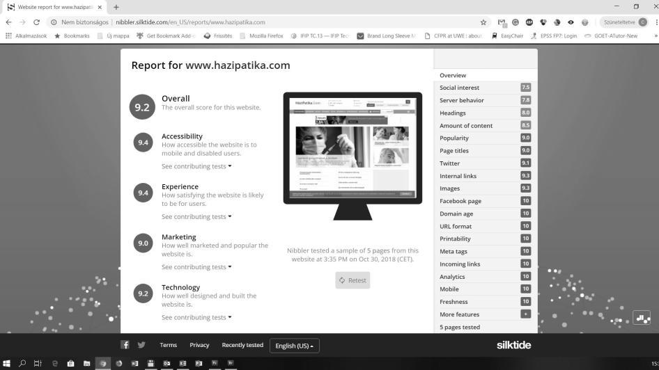 2. sz. ábra: Nibbler tesztelő A Nibbler [3] egy ingyenes eszköz annak tesztelésére, hogy milyen jó a webhely, több szempontot is ellenőríz, nemcsak az akadálymentességet.