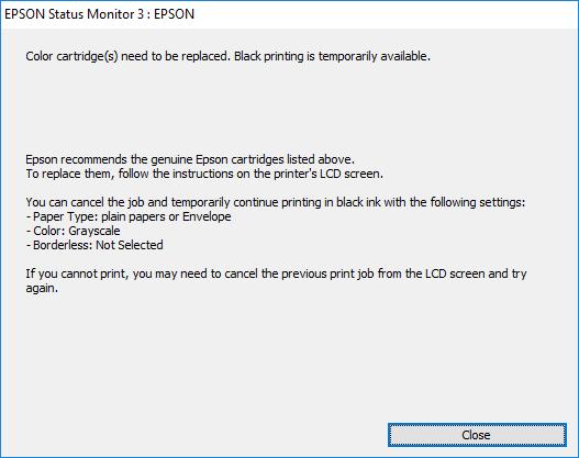 Tintapatronok és más fogyóeszközök cseréje Ideiglenes nyomtatás fekete tintával Windows 1. Amikor az alábbi ablak jelenik meg, függessze fel a nyomtatást.