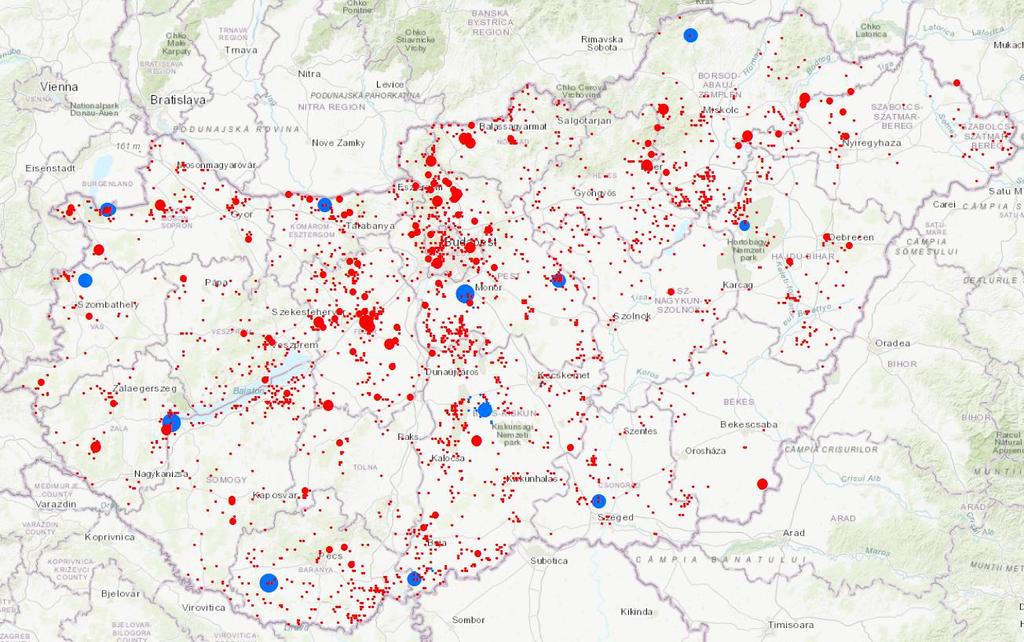 A 218. évi gyűrűzési adatok területi eloszlása (piros: egyéni gyűrűzők, kék: madárgyűrűző állomások). A 218.