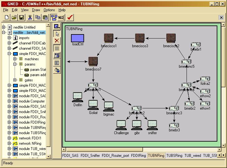 Topológia leírása NED (Network Description Language) // Host with an Ethernet interface module EtherStation parameters:... gates:.