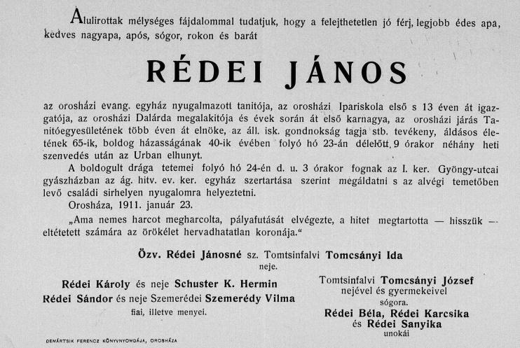 Matrikula 30 Rédei János halotti értesítője.