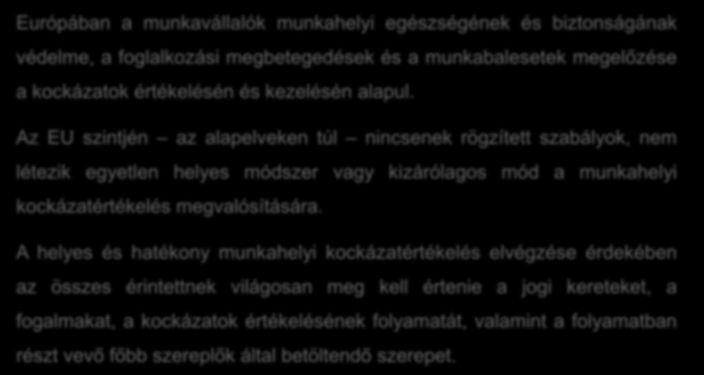 Kockázatértékelés feladatok és felelősségek Európában a munkavállalók munkahelyi egészségének és biztonságának védelme, a foglalkozási megbetegedések és a munkabalesetek megelőzése a kockázatok