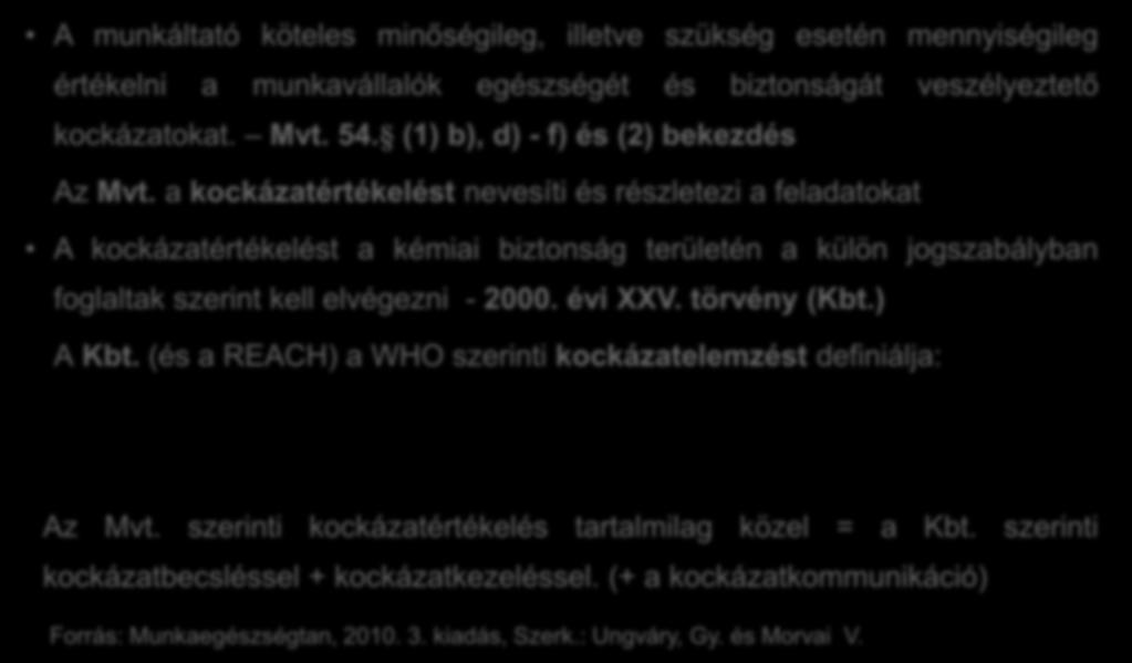 Kockázatértékelés/kockázatelemzés szabályozása A munkáltató köteles minőségileg, illetve szükség esetén mennyiségileg értékelni a munkavállalók egészségét és biztonságát veszélyeztető kockázatokat.