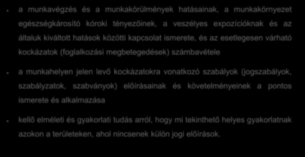 a munkavégzés és a munkakörülmények hatásainak, a munkakörnyezet egészségkárosító kóroki tényezőinek, a veszélyes expozícióknak és az általuk kiváltott hatások közötti kapcsolat ismerete, és az