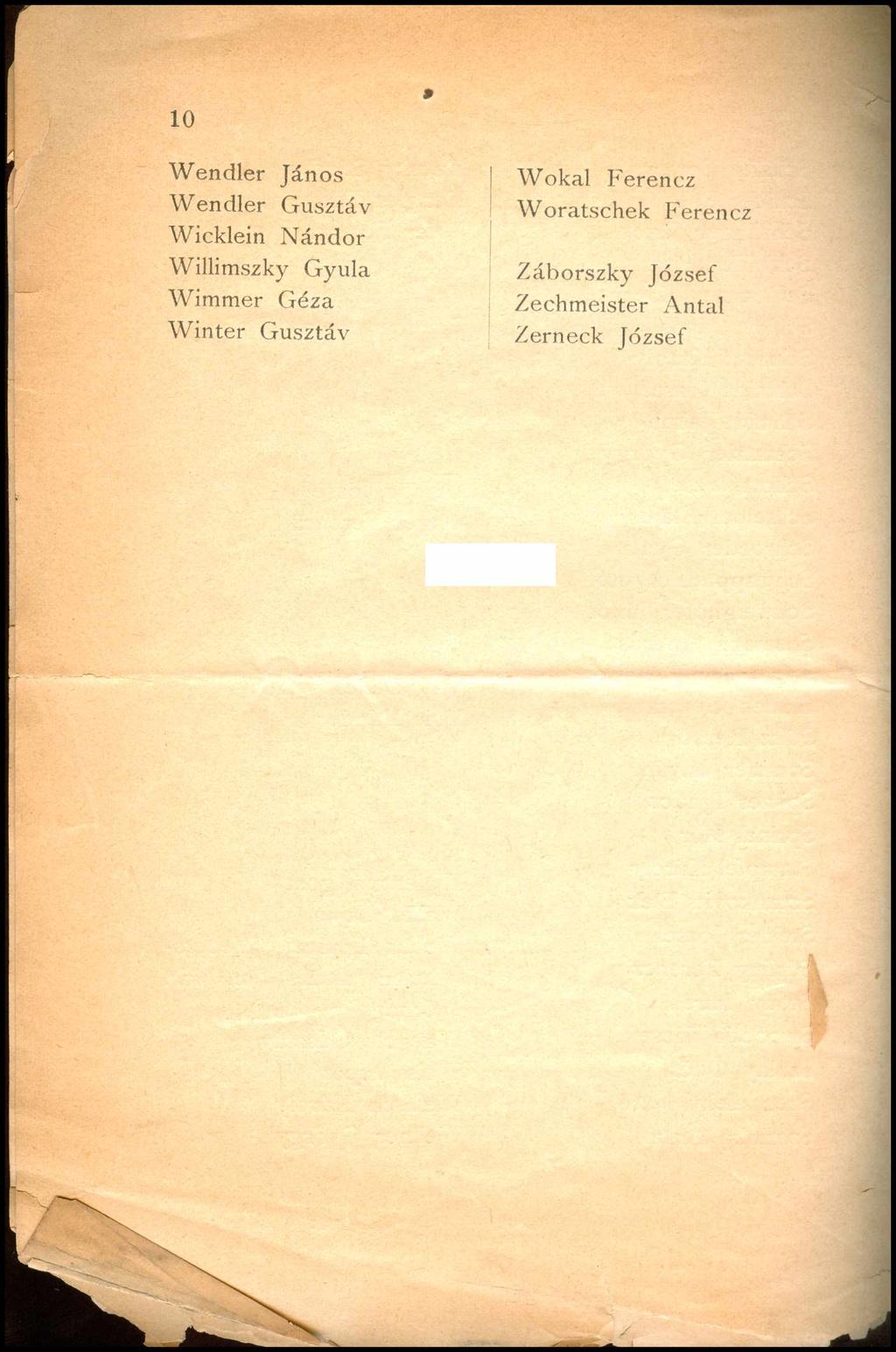 10 Wendler János Wendler Gusztáv Wicklein Nándor Willimszky Gyula Wimmer Géza Winter