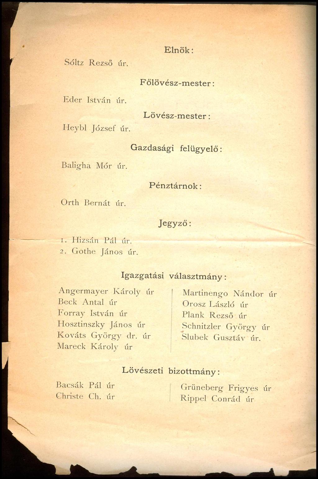 Sóltz Rezső úr. Elnök: Főlövész-mester: Eder István úr. Heybl József úr. Lövész-m ester: Gazdasági felügyelő: Baligha Mór úr. Pénztárnok: Orth Bernát úr. Jegyző: 1. Hizsán Pál úr. 2. Gothe János úr.