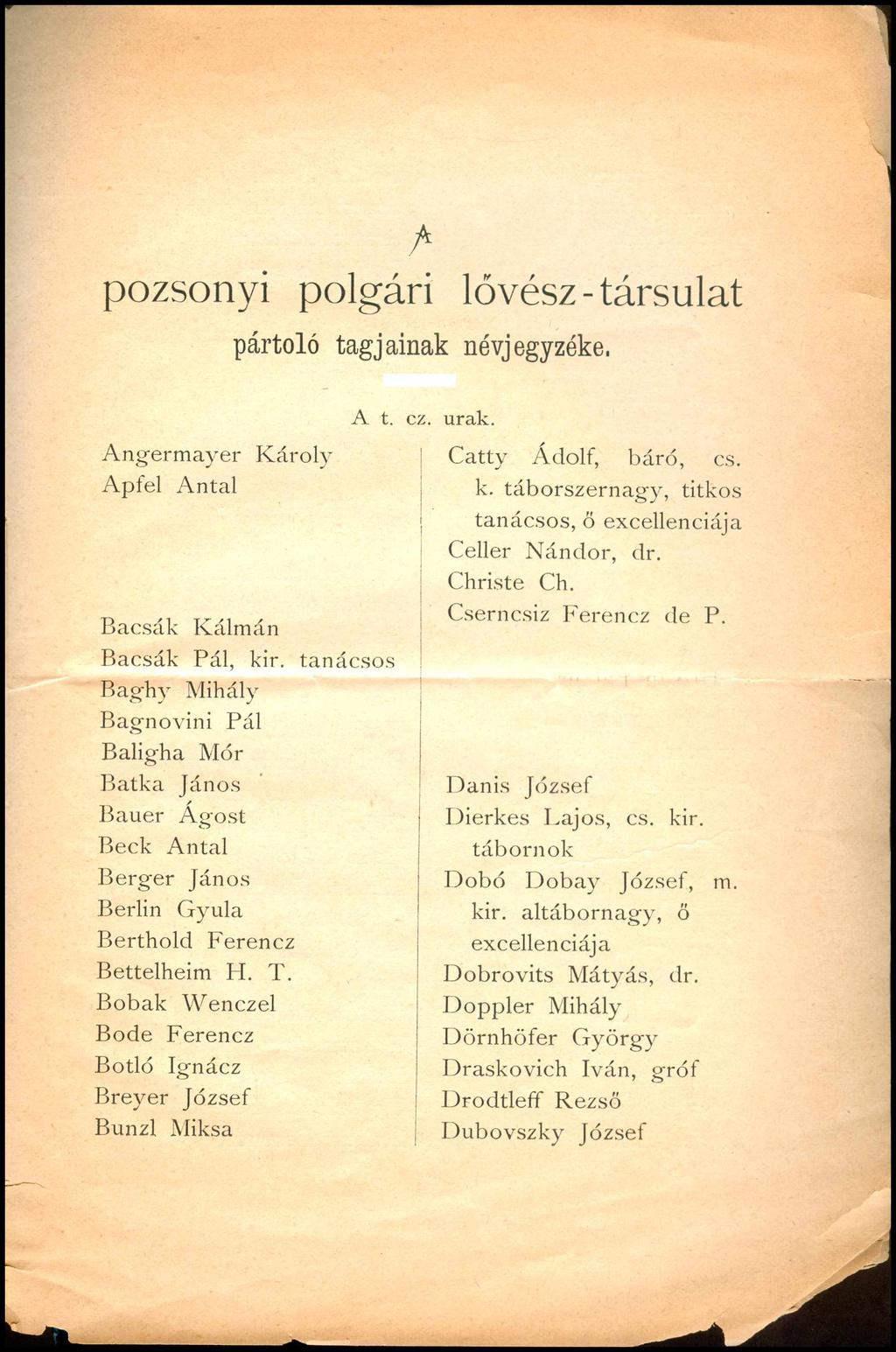 A pozsonyi polgári lövész-társulat pártoló tagjainak névjegyzéke, Angermayer Károly Apfel Antal Bacsák Kálmán Bacsák Pál, kir.
