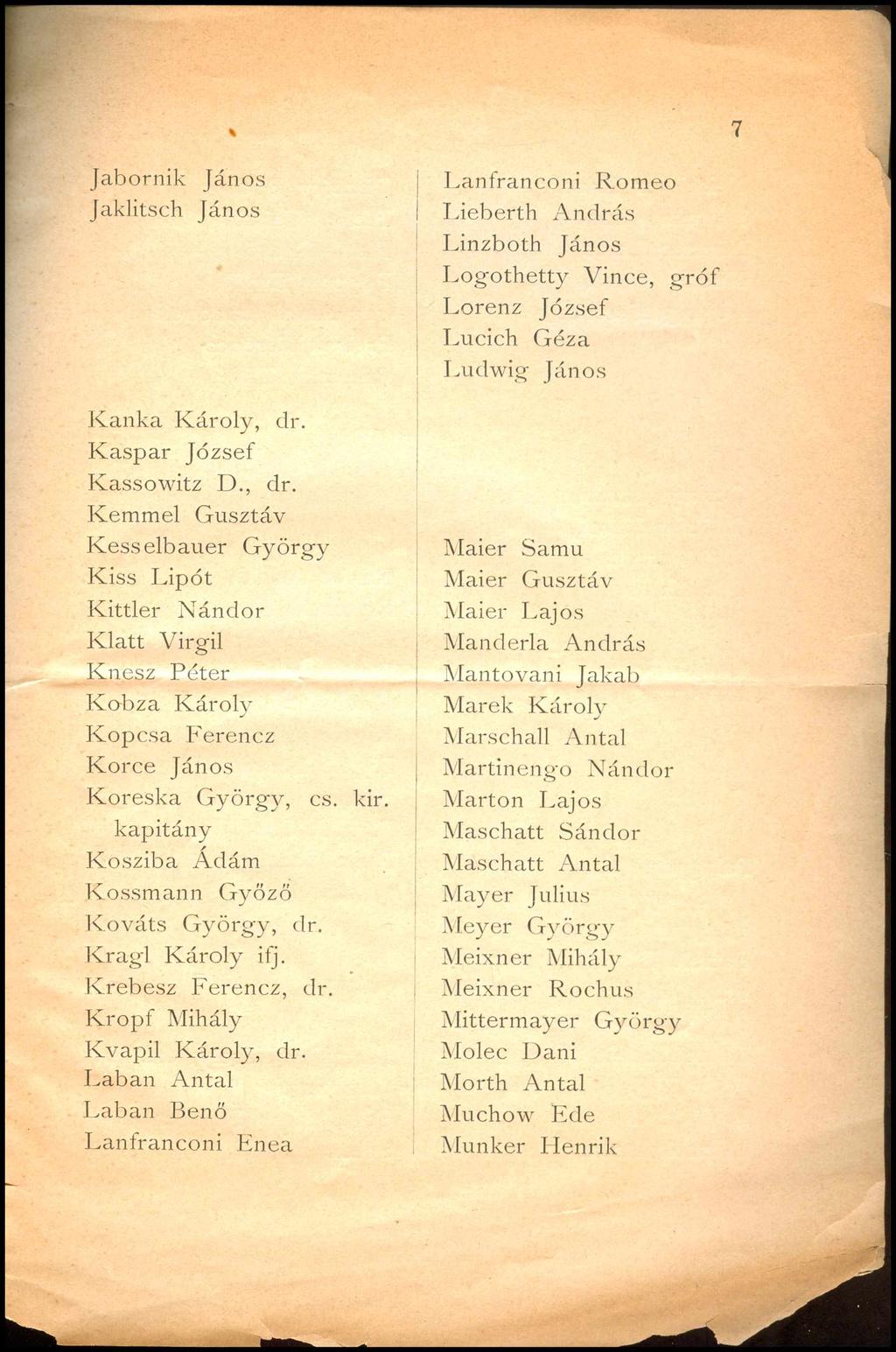 7 Jabornik János Jaklitsch János Kanka Károly, dr. Kaspar József Kassowitz D., dr. Kemmel Gusztáv Kesselbauer György Kiss Lipót Kittler Nándor Klatt Virgil Knesz Péter Kobza Károly Kopcsa Ferencz Korce János Koreska G yörgy, cs.