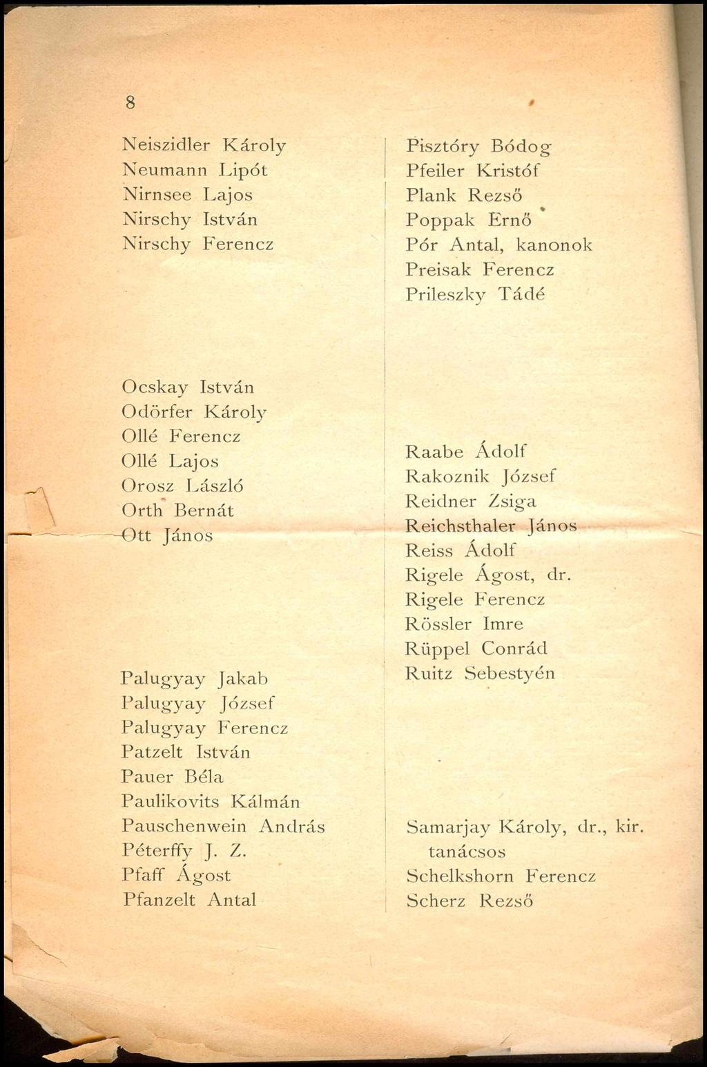 8 Neiszidler Károly Neumann Lipót Nirnsee Lajos Nirschy István Nirschy Ferencz Pisztóry Bódog Pfeiler Kristóf Piánk Rezső Poppak Ernő Pór Antal, kanonok Preisak Ferencz Prileszky Tádé Ocskay István