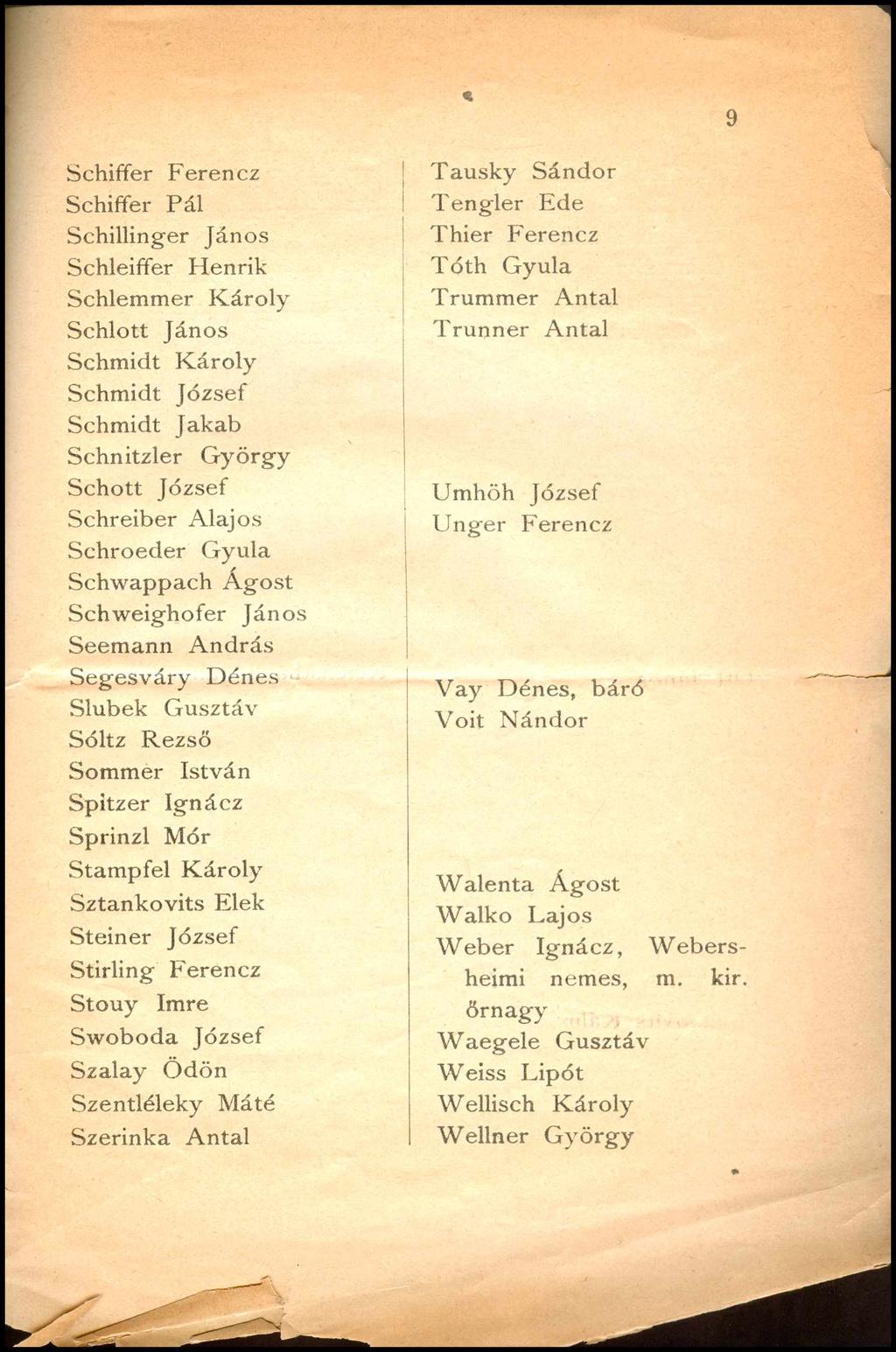 9 Schiffer Ferencz Schiffer Pál Schillinger János Schleiffer Henrik Schlemmer Károly Schlott János Schmidt Károly Schmidt József Schmidt Jakab Schnitzler G yörgy Schott József Schreiber Alajos
