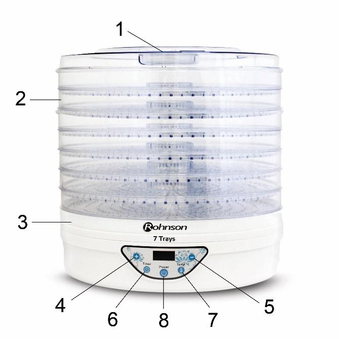 A KÉSZÜLÉK LEÍRÁSA 1. A készülék fedele 2. Beállítható lapok 3. Talpazat 4. "+" gomb 5. "-" gomb 6. "TIMER" gomb 7. "TEMP" gomb 8.