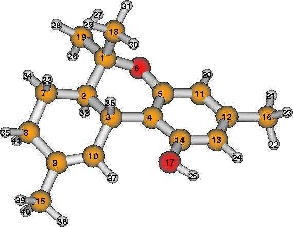 6. Ultragyors dinamika és kvadratikus csatolódás 6.2. ábra. A csonkított tetrahidrokannabinol ((t)thc) molekula egyensúlyi geometriája.