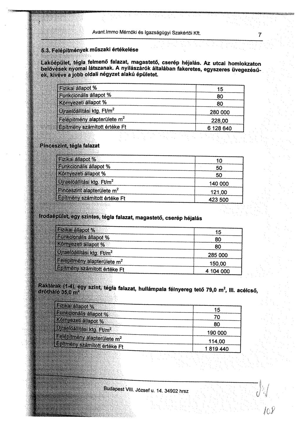 Avant immo Mérnöki és Igazságügyi Szakértői Kft. 7 5.3 Felépítmények műszaki ertékelése Lakóepulet, tégla felmenő falazat, magastető, cserép héjalás.