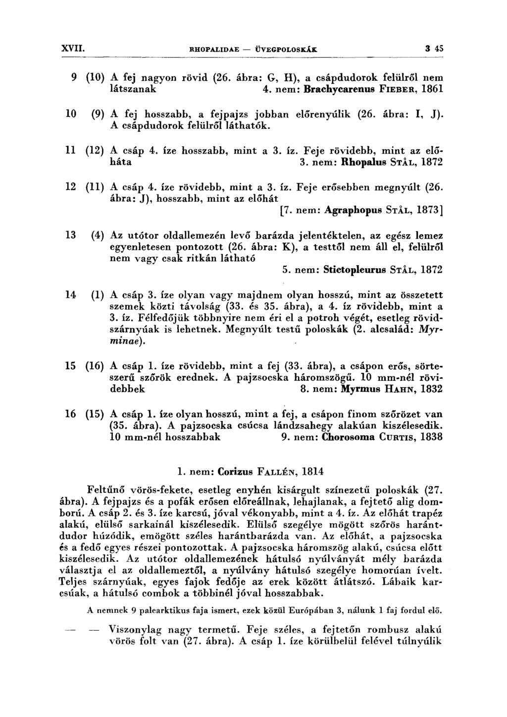 XVII. RHOPALIDAE - ÜVEGPOLOSKÁK 3 45 9 (10) A fej nagyon rövid (26. ábra: G, H), a csápdudorok felülről nem látszanak 4.