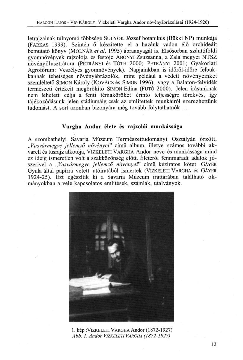 BALOGH LAJOS - VÍG KÁROLY: Vizkeleti Vargha Andor növényábrázolásai (1924-1926) letrajzainak túlnyomó többsége SULYOK József botanikus (Bükki NP) munkája (FARKAS 1999).
