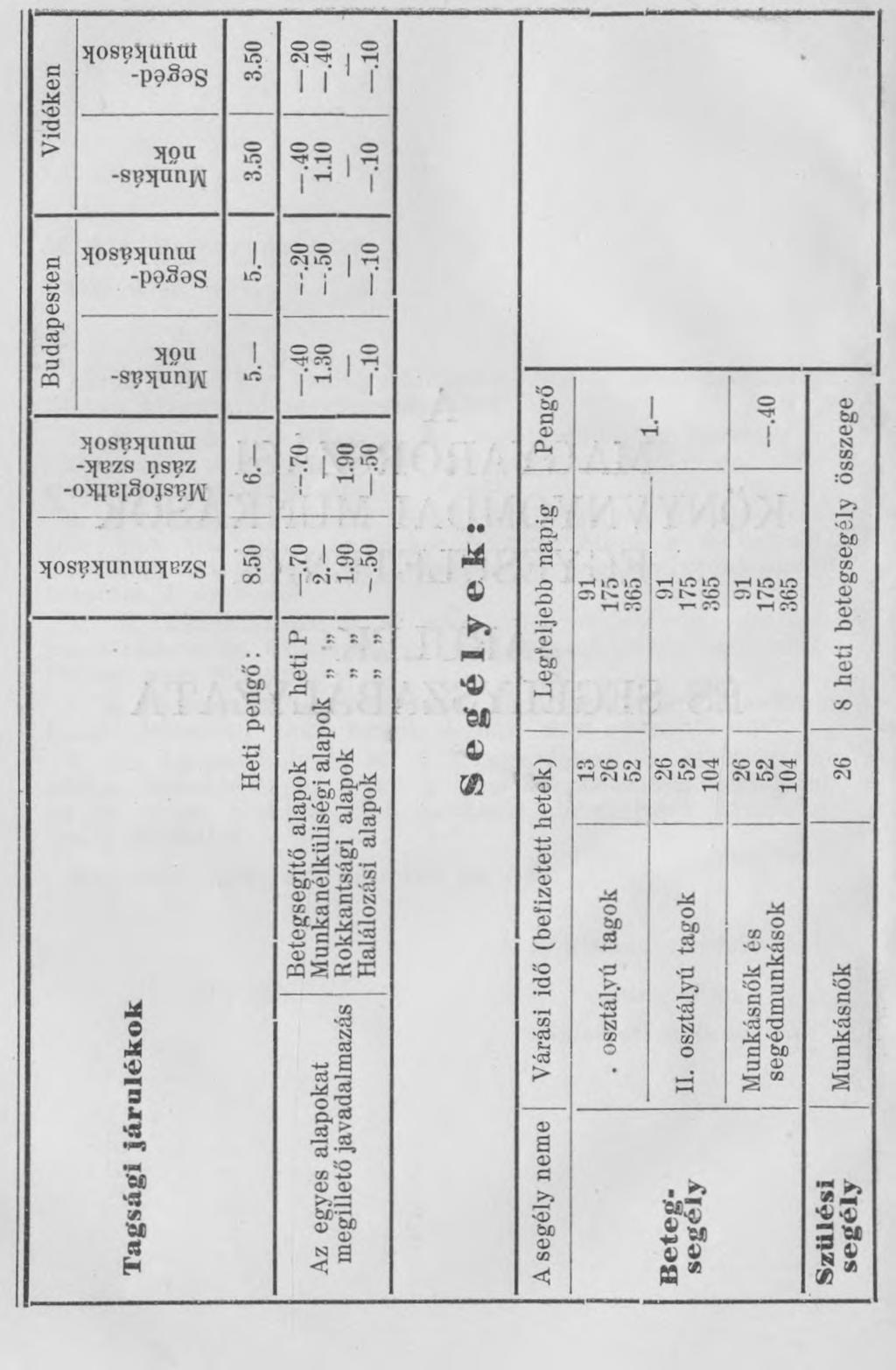 Szakmunkások Munkásnők Másfoglalkozású szakmunkások Segédmunkások Munkásnők Segédmunkások T agsági já r u lé k o k Budapesten I Vidéken Heti pengő: 8.50 6. 5. 5. 3.50 3.