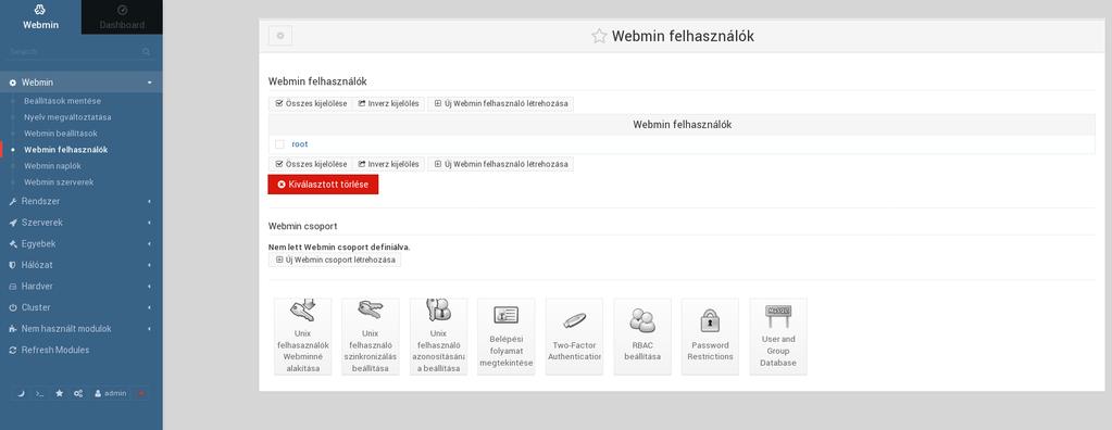 Hitelesítés beállítások alatt tudja konfigurálni a Webmin felhasználóinak a jelszó lejáratát, és bonyolultságát, a jelszavak titkosítási módját és egyéb hasznos, a