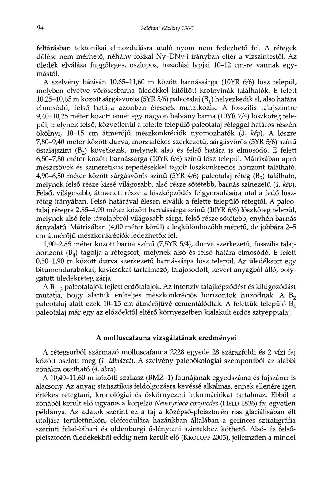 94 Földtani Közlöny 36/ feltárásban tektonikai elmozdulásra utaló nyom nem fedezhető fel. A rétegek dőlése nem mérhető, néhány fokkal Ny-DNy-i irányban eltér a vízszintestől.