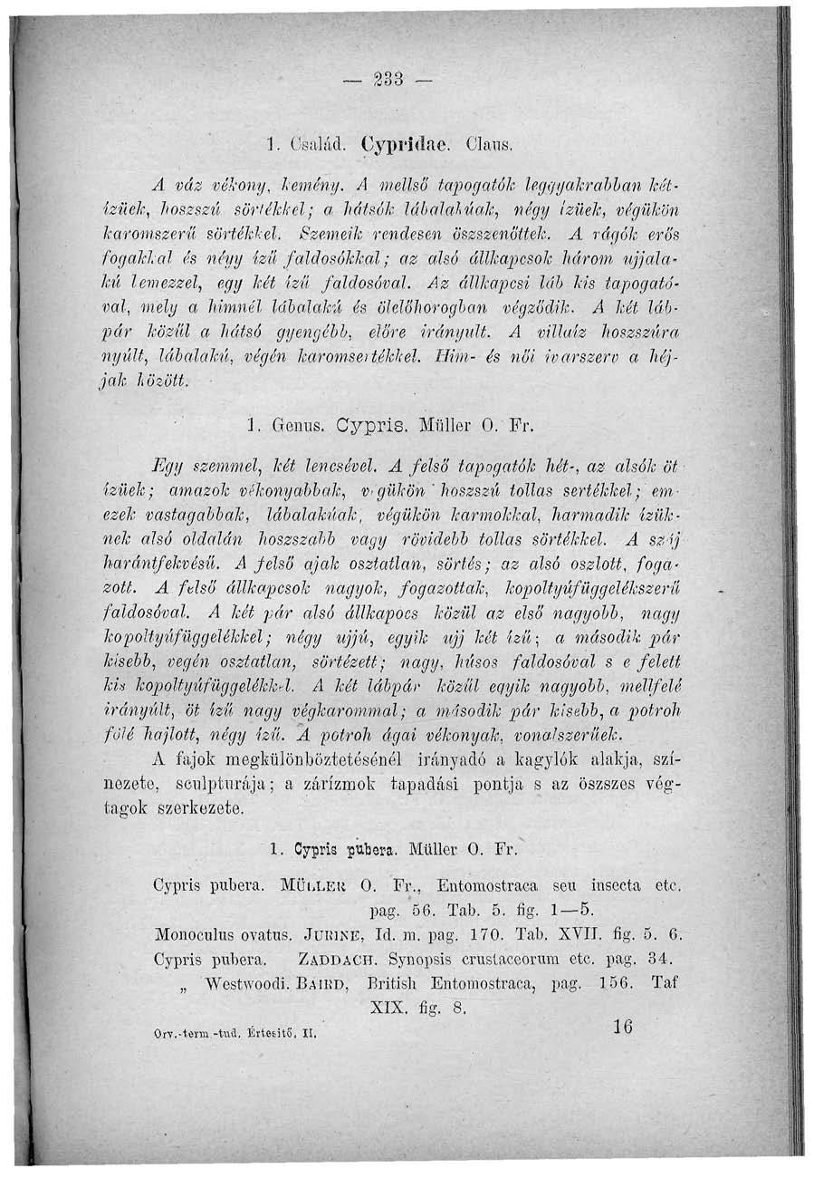 233-1. Család. Cypridae. Claris. A váz vékony, kemény. A mellső tapogatók leggyakrabban kétízűek, hoszszú sör/ékkel; a hátsók lábalalúak, négy ízűek, végükön karomszerű sörtékkel.