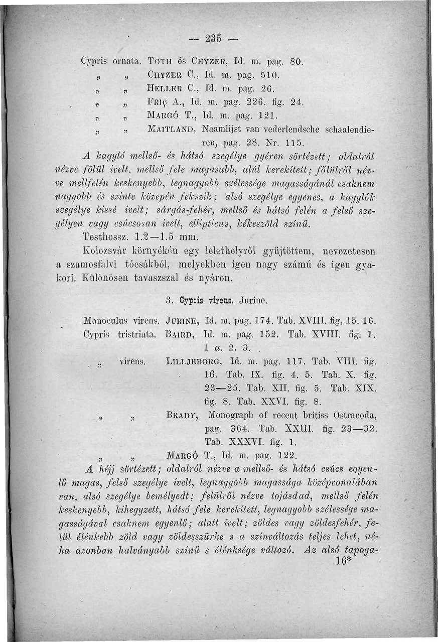 235 Cypris ornata. TÓTH és GHYZEK, Id. m. pag. 80. CHYZER 0., Id. m. pag. 510. HELLER C, Id. m. pag. 26. FRIC A., Id. m. pag. 226. fig. 24. MARGÓ T., Id. m. pag. 121.