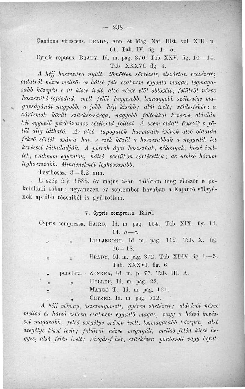 238 Candona virescens. BKADY, Ami. et Mag. Nat. Hist. vol. XIII. p. 61. Tab. IV. fig. 1 5. Cypris reptans. BIÍADY, Id. m. pag. 370/ Tab. XXV. fig. 10 14. Tab. XXXVI. flg. 4.