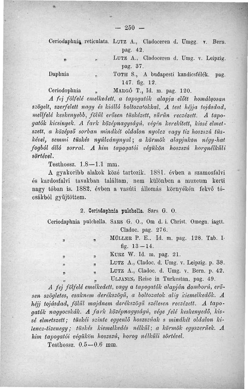 1-250 - Ceriodaphni% reticulata. LUTZ A., Cladoceren d. Umgg. T. Bern. pag, 42. LUTZ A., Cladoceren d. Umg. v. Leipzig, pag. 37. Daphnia TÓTH S., A budapesti kandicsfélék. pag. 147. fig. 12.