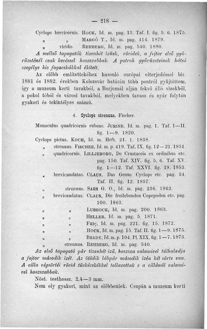 21.8 Cyelóps brevicomis. HOCK, Id. m. pag. 13. Taf. I. fig. 5. 6. 1875. MARGÓ T., Id. m. pag. 414. 1879. viridis EBIÍBERG, Id. m. pag. 540. 1880.